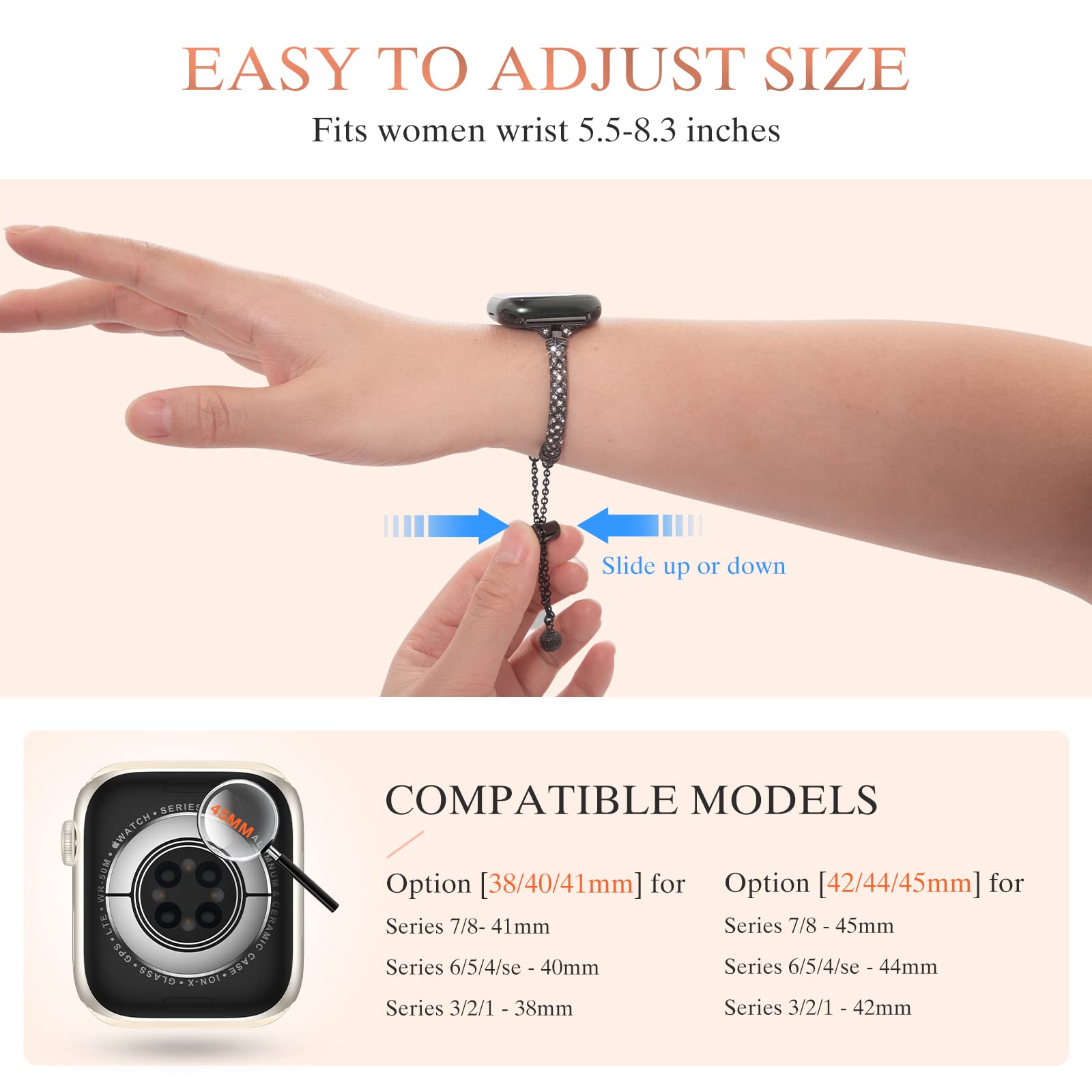 For Apple Watch SE / SE (2022) 40mm / Series 7 / 8 41mm / 4 / 5 / 6 40mm / 1 / 2 / 3 38mm Metal Stretch Jewelry Watch Strap Rhinestone Decorated Wristband for Women Girls - Black - UNIQBUY