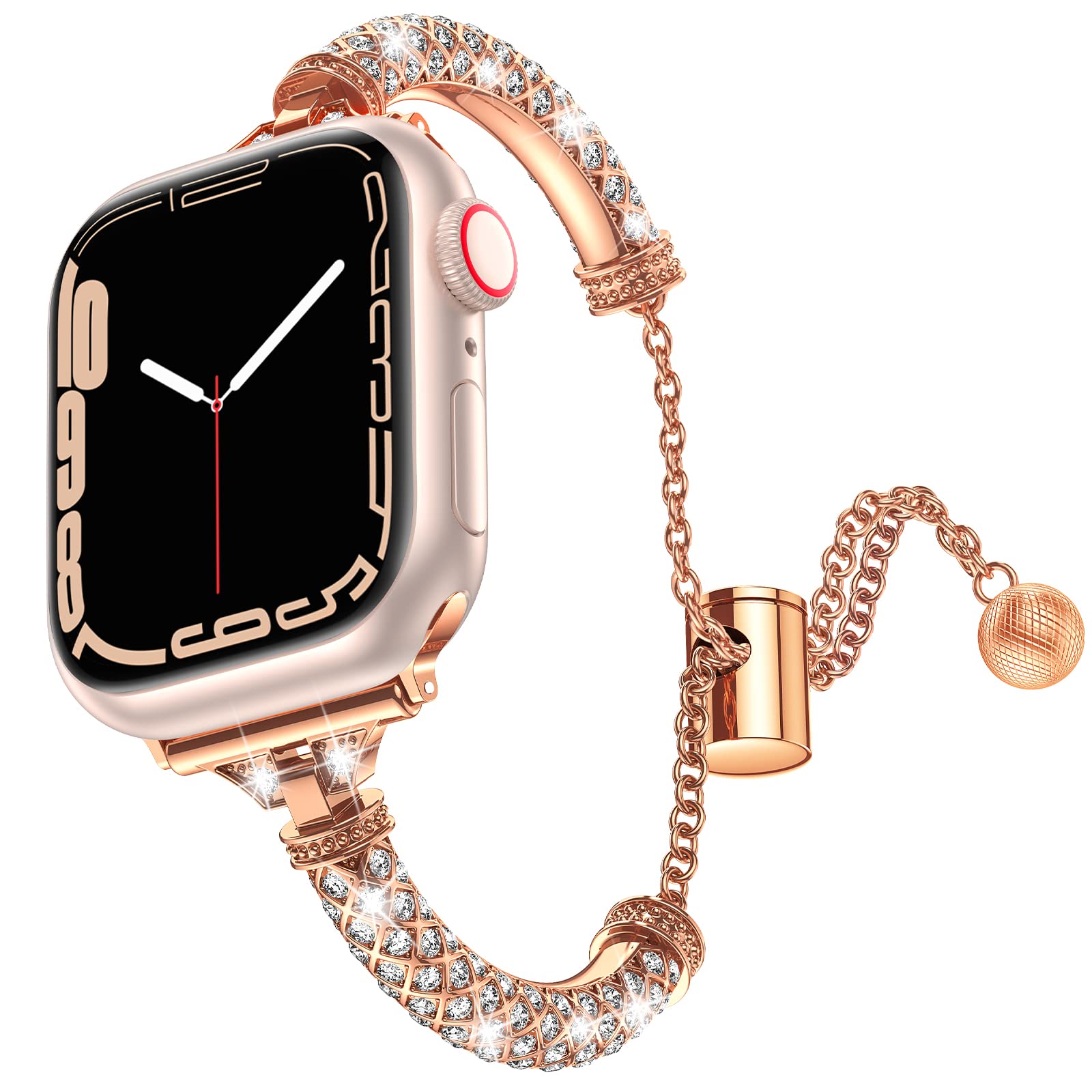 For Apple Watch SE / SE (2022) 40mm / Series 7 / 8 41mm / 4 / 5 / 6 40mm / 1 / 2 / 3 38mm Metal Stretch Jewelry Watch Strap Rhinestone Decorated Wristband for Women Girls - Rose Gold - UNIQBUY