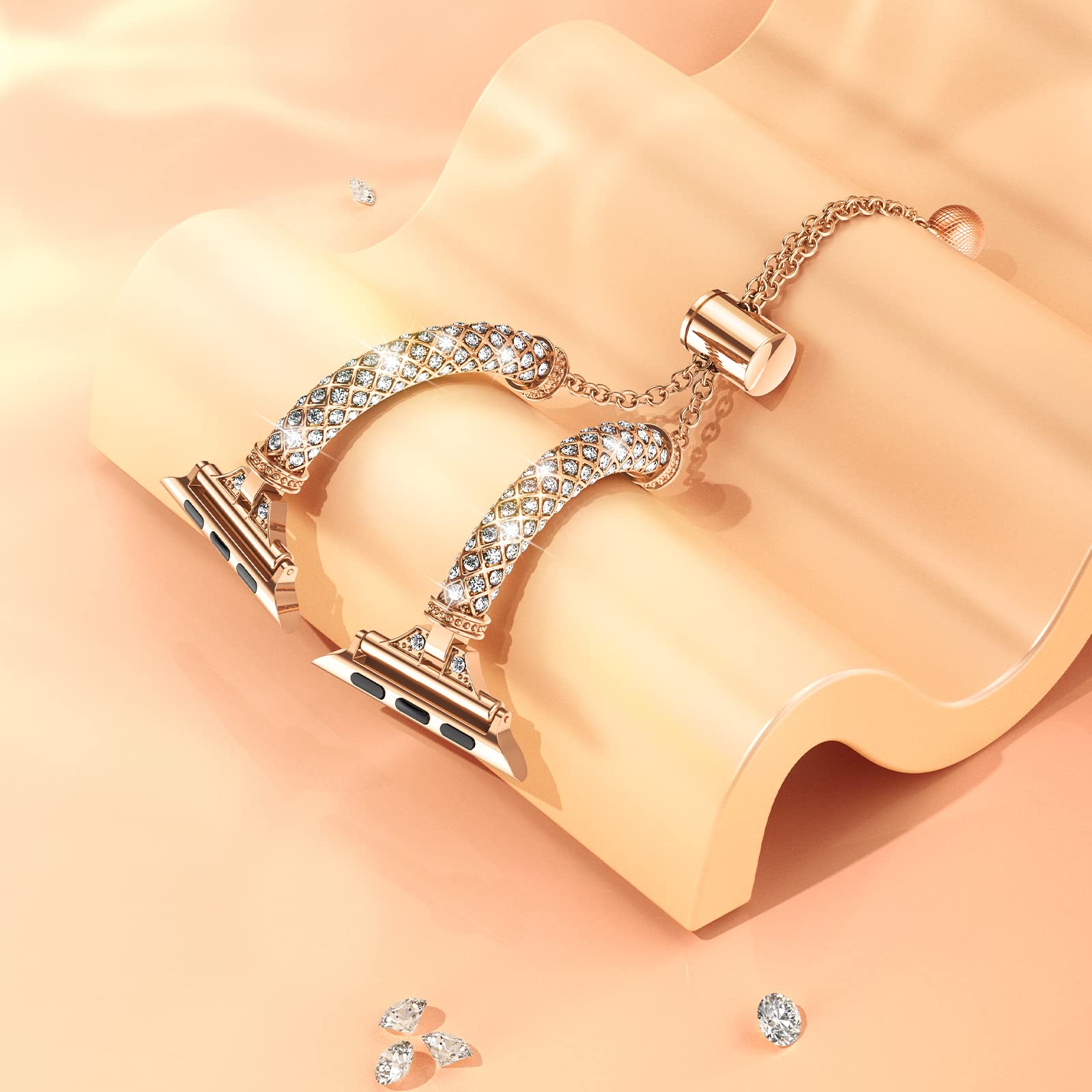 For Apple Watch SE / SE (2022) 40mm / Series 7 / 8 41mm / 4 / 5 / 6 40mm / 1 / 2 / 3 38mm Metal Stretch Jewelry Watch Strap Rhinestone Decorated Wristband for Women Girls - Rose Gold - UNIQBUY