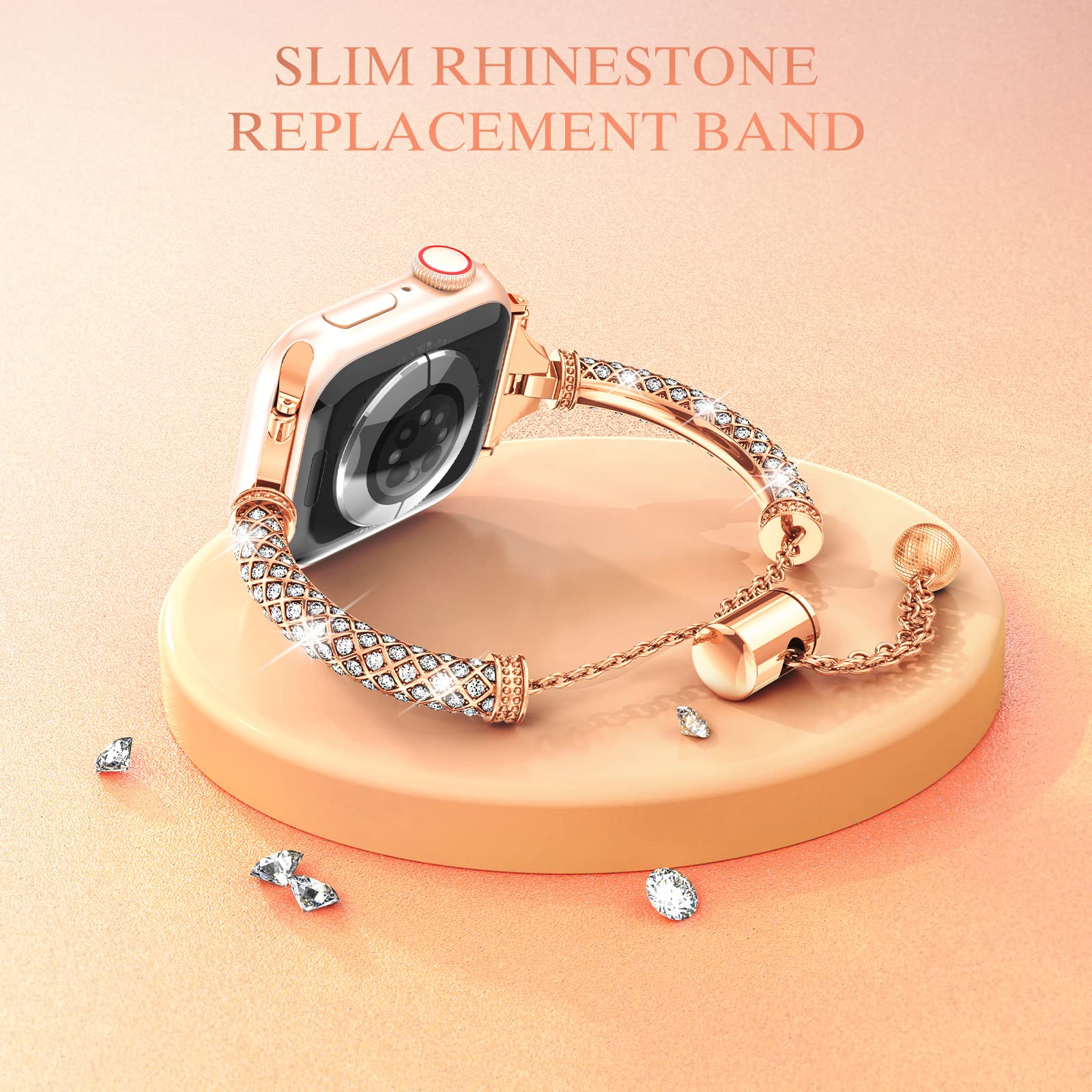 For Apple Watch SE / SE (2022) 40mm / Series 7 / 8 41mm / 4 / 5 / 6 40mm / 1 / 2 / 3 38mm Metal Stretch Jewelry Watch Strap Rhinestone Decorated Wristband for Women Girls - Rose Gold - UNIQBUY