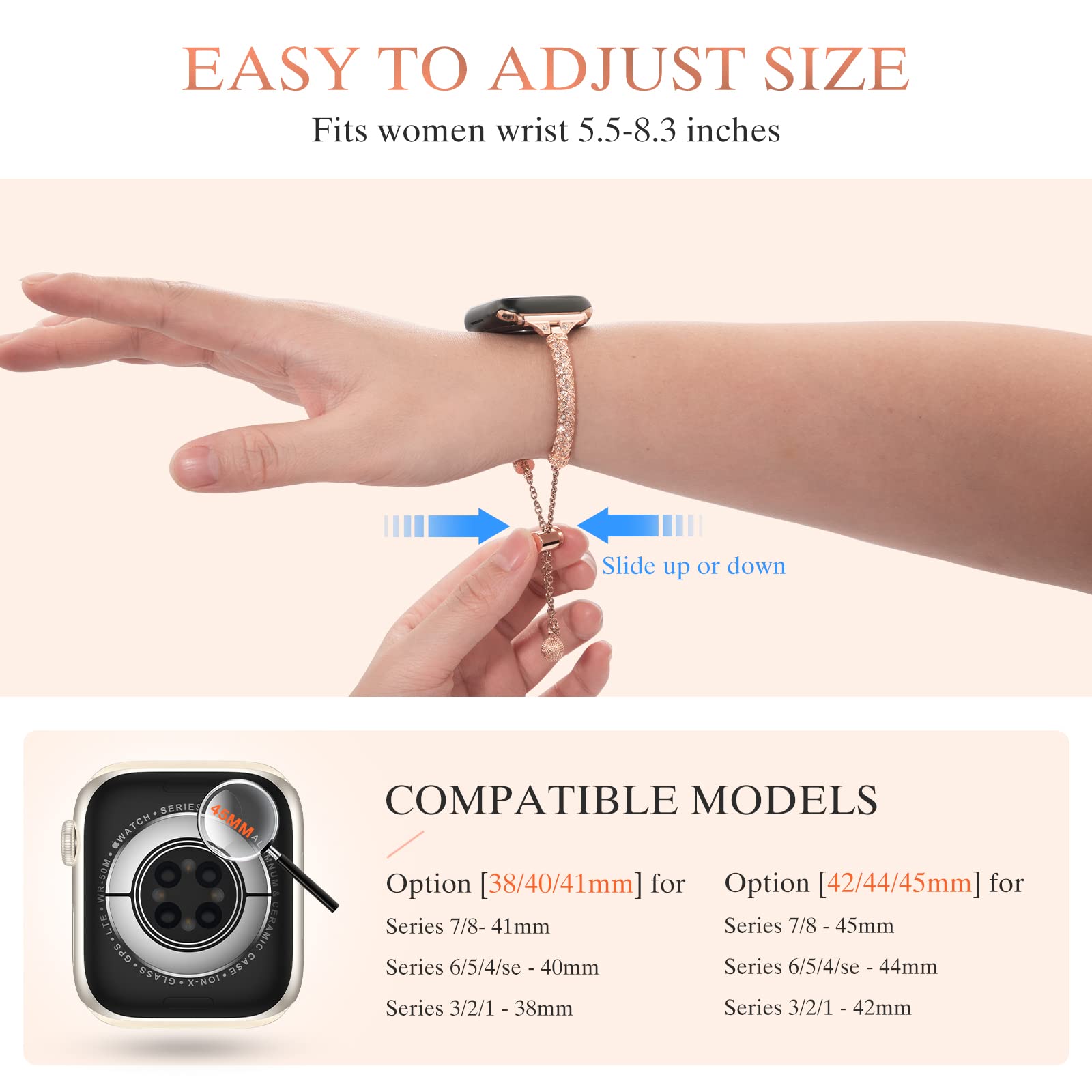 For Apple Watch SE / SE (2022) 40mm / Series 7 / 8 41mm / 4 / 5 / 6 40mm / 1 / 2 / 3 38mm Metal Stretch Jewelry Watch Strap Rhinestone Decorated Wristband for Women Girls - Rose Gold - UNIQBUY