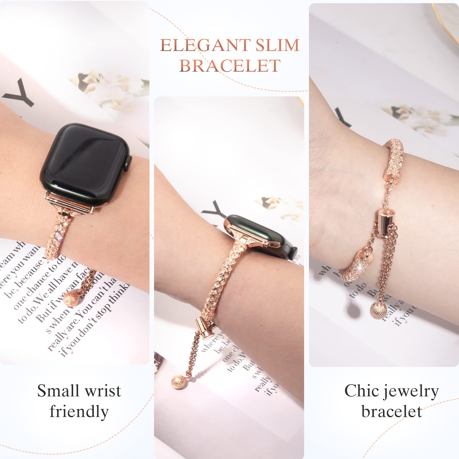 For Apple Watch SE / SE (2022) 40mm / Series 7 / 8 41mm / 4 / 5 / 6 40mm / 1 / 2 / 3 38mm Metal Stretch Jewelry Watch Strap Rhinestone Decorated Wristband for Women Girls - Rose Gold - UNIQBUY