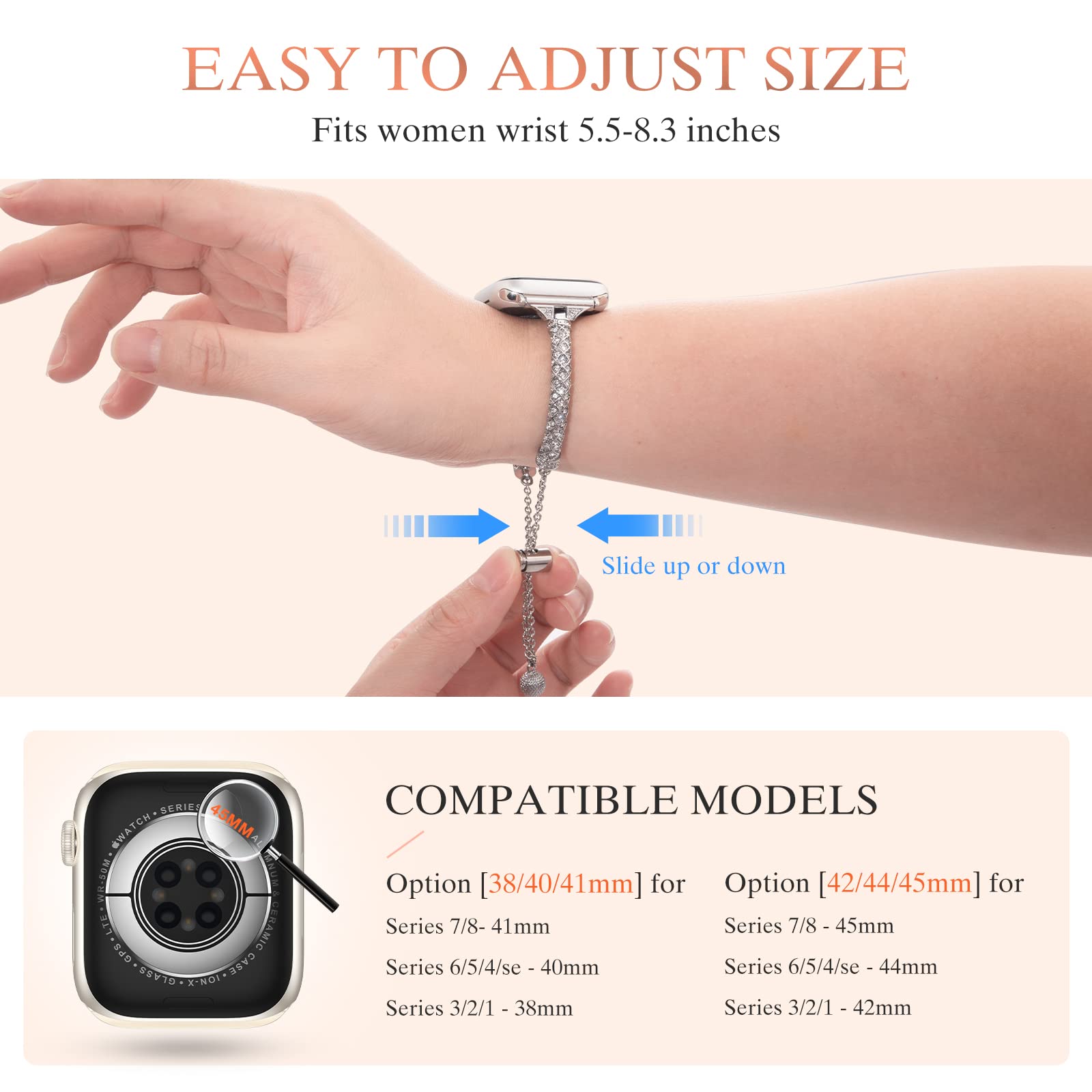 For Apple Watch SE / SE (2022) 40mm / Series 7 / 8 41mm / 4 / 5 / 6 40mm / 1 / 2 / 3 38mm Metal Stretch Jewelry Watch Strap Rhinestone Decorated Wristband for Women Girls - Silver - UNIQBUY