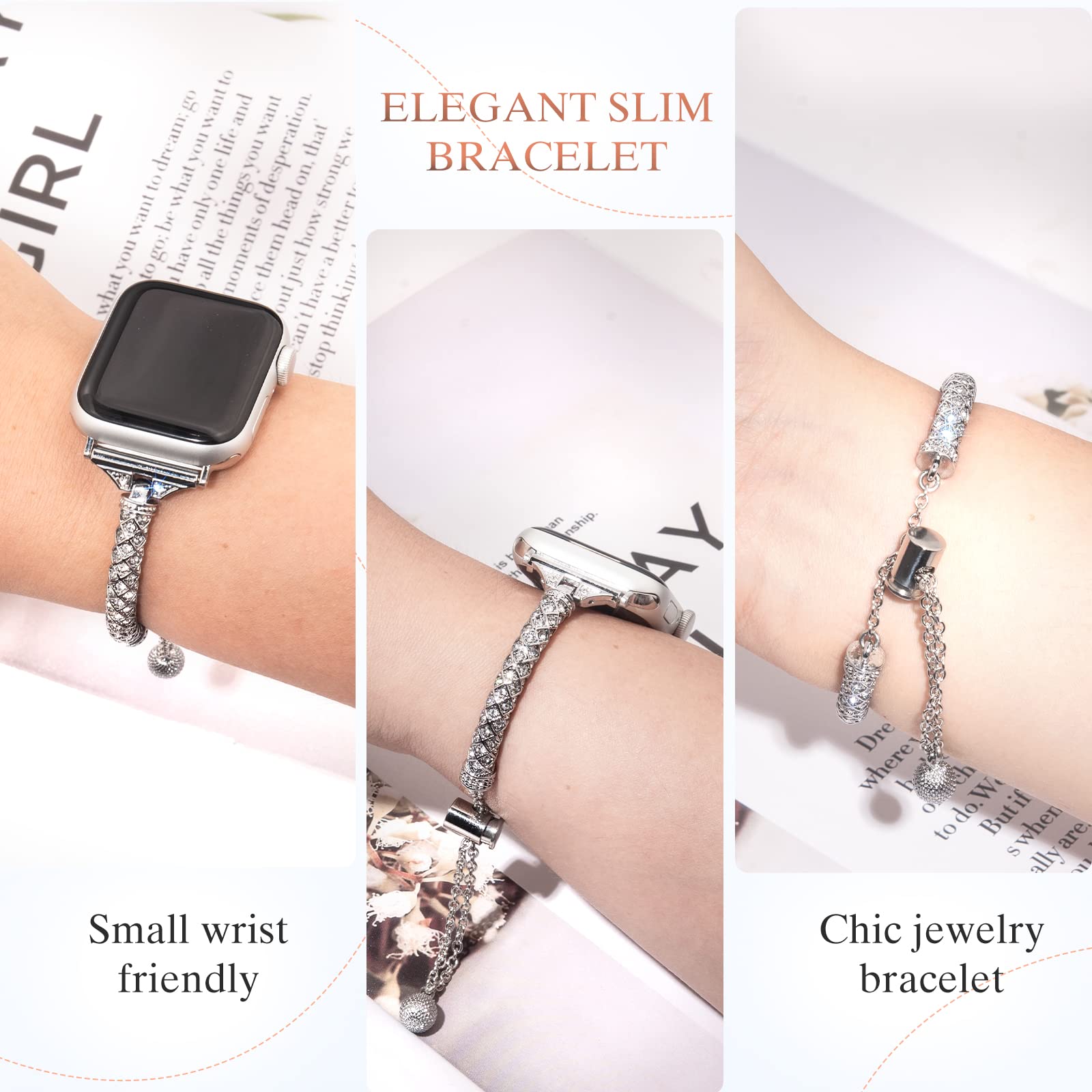 For Apple Watch SE / SE (2022) 40mm / Series 7 / 8 41mm / 4 / 5 / 6 40mm / 1 / 2 / 3 38mm Metal Stretch Jewelry Watch Strap Rhinestone Decorated Wristband for Women Girls - Silver - UNIQBUY
