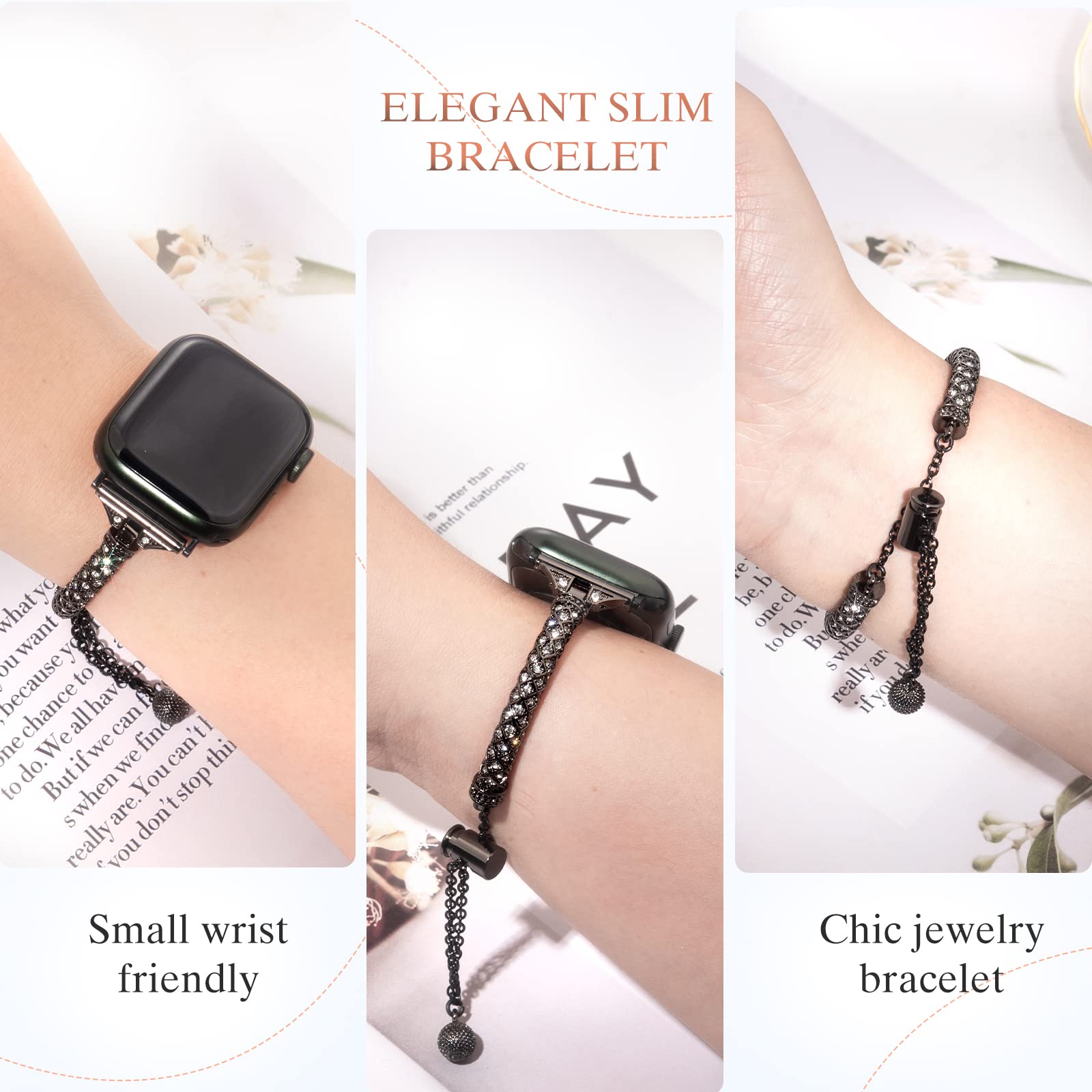 For Apple Watch Ultra 49mm / SE / SE (2022) 44mm / Series 7 / 8 45mm / 4 / 5 / 6 44mm / 1 / 2 / 3 42mm Metal Watch Strap for Women Girls Rhinestone Decorated Stretch Jewelry Wrist Band - Black - UNIQBUY
