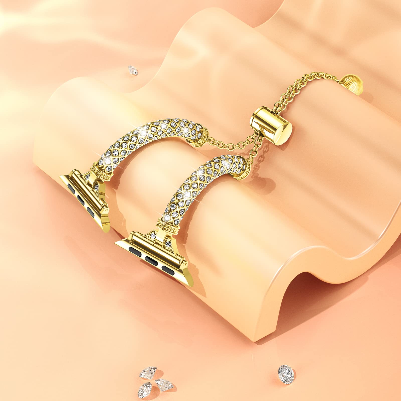 For Apple Watch Ultra 49mm / SE / SE (2022) 44mm / Series 7 / 8 45mm / 4 / 5 / 6 44mm / 1 / 2 / 3 42mm Metal Watch Strap for Women Girls Rhinestone Decorated Stretch Jewelry Wrist Band - Gold - UNIQBUY