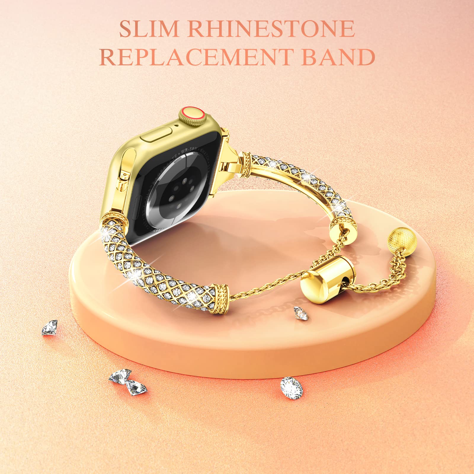 For Apple Watch Ultra 49mm / SE / SE (2022) 44mm / Series 7 / 8 45mm / 4 / 5 / 6 44mm / 1 / 2 / 3 42mm Metal Watch Strap for Women Girls Rhinestone Decorated Stretch Jewelry Wrist Band - Gold - UNIQBUY