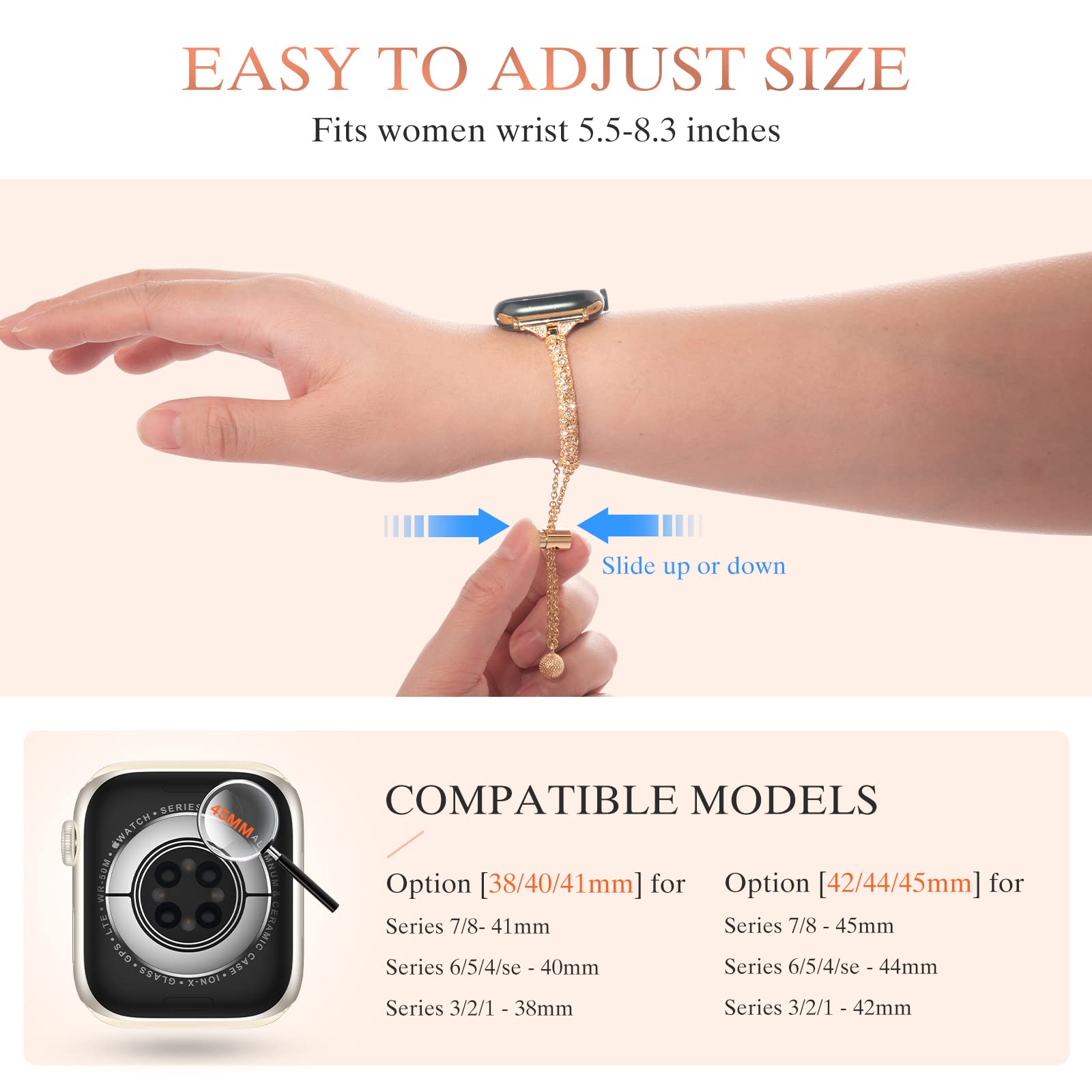 For Apple Watch Ultra 49mm / SE / SE (2022) 44mm / Series 7 / 8 45mm / 4 / 5 / 6 44mm / 1 / 2 / 3 42mm Metal Watch Strap for Women Girls Rhinestone Decorated Stretch Jewelry Wrist Band - Gold - UNIQBUY