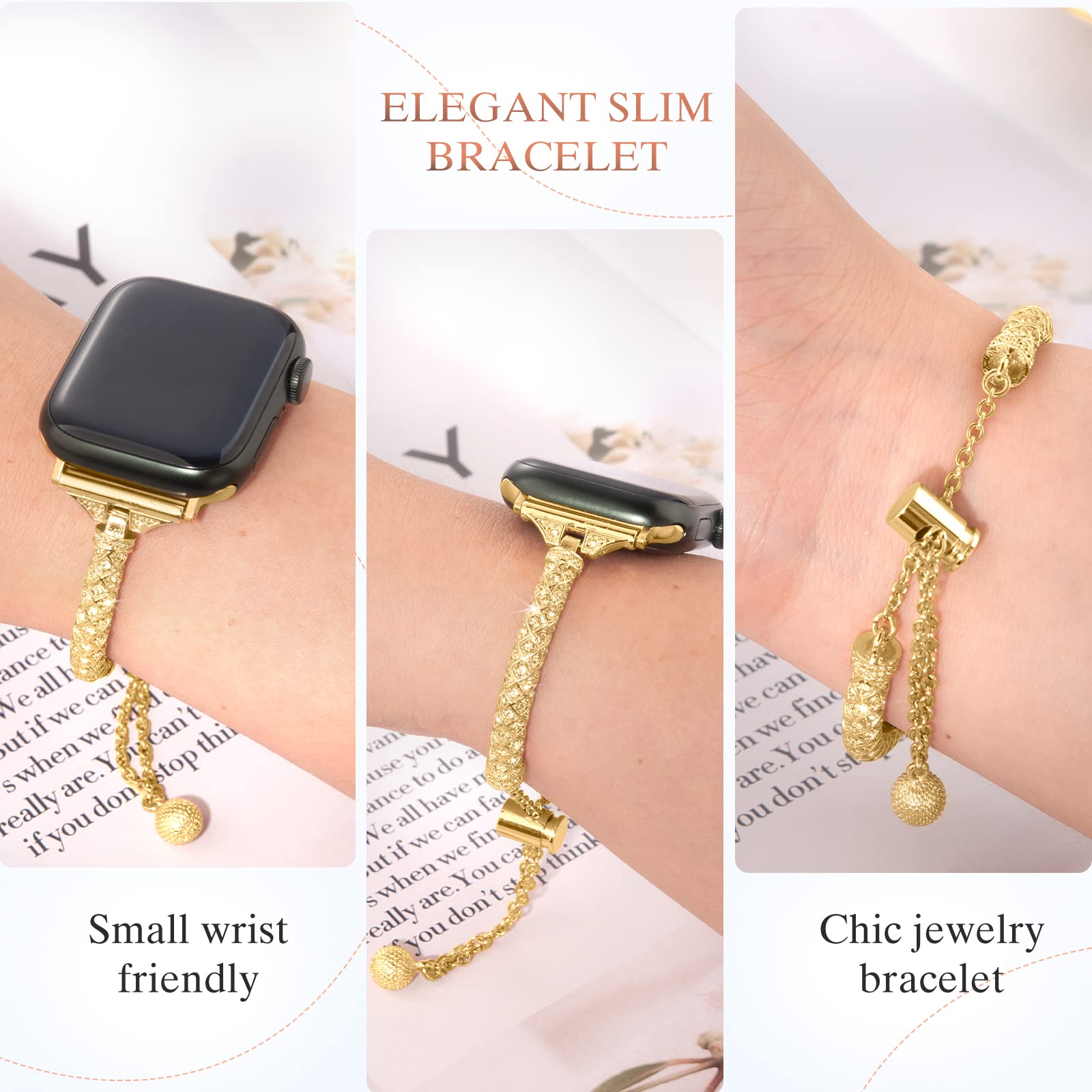 For Apple Watch Ultra 49mm / SE / SE (2022) 44mm / Series 7 / 8 45mm / 4 / 5 / 6 44mm / 1 / 2 / 3 42mm Metal Watch Strap for Women Girls Rhinestone Decorated Stretch Jewelry Wrist Band - Gold - UNIQBUY