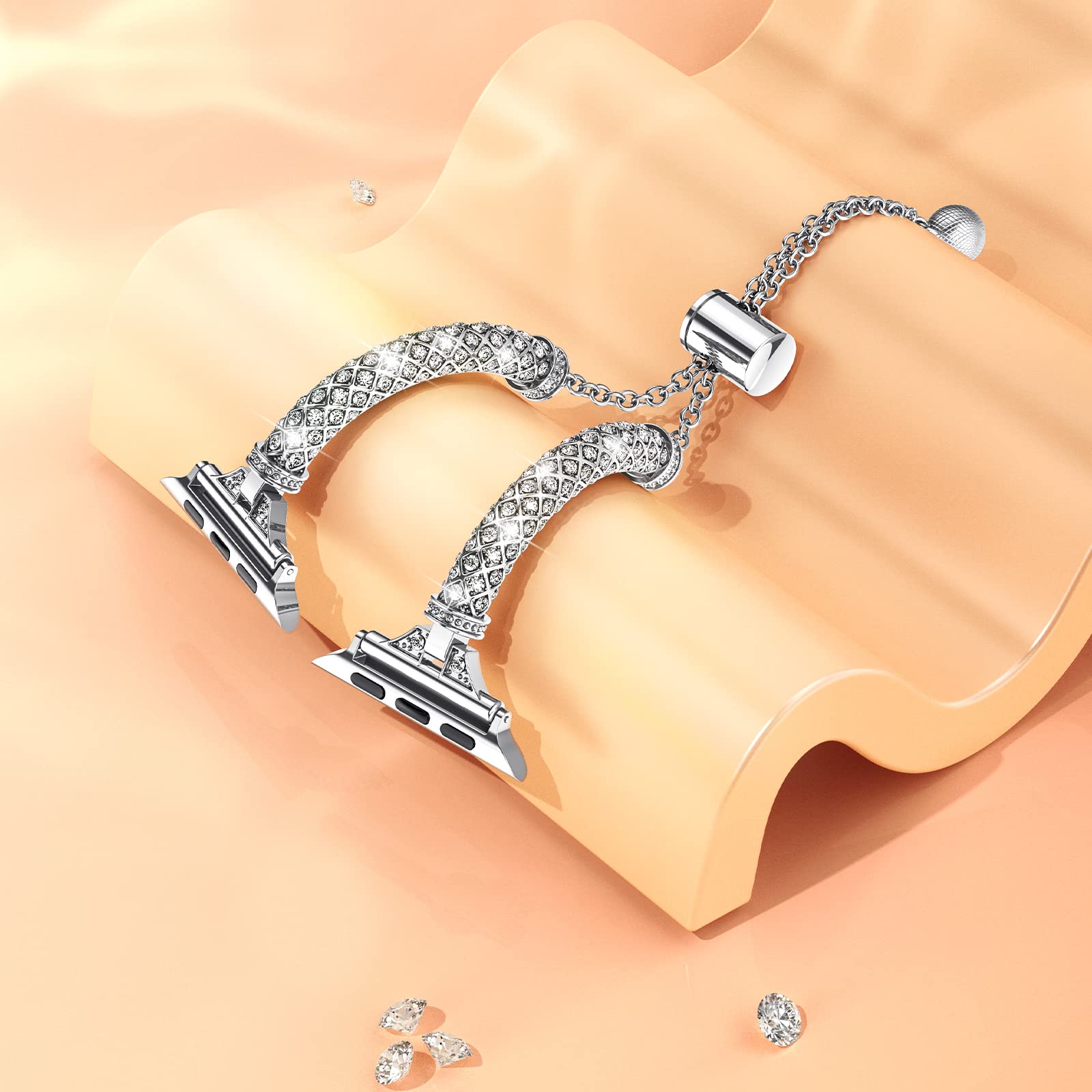 For Apple Watch Ultra 49mm / SE / SE (2022) 44mm / Series 7 / 8 45mm / 4 / 5 / 6 44mm / 1 / 2 / 3 42mm Metal Watch Strap for Women Girls Rhinestone Decorated Stretch Jewelry Wrist Band - Silver - UNIQBUY