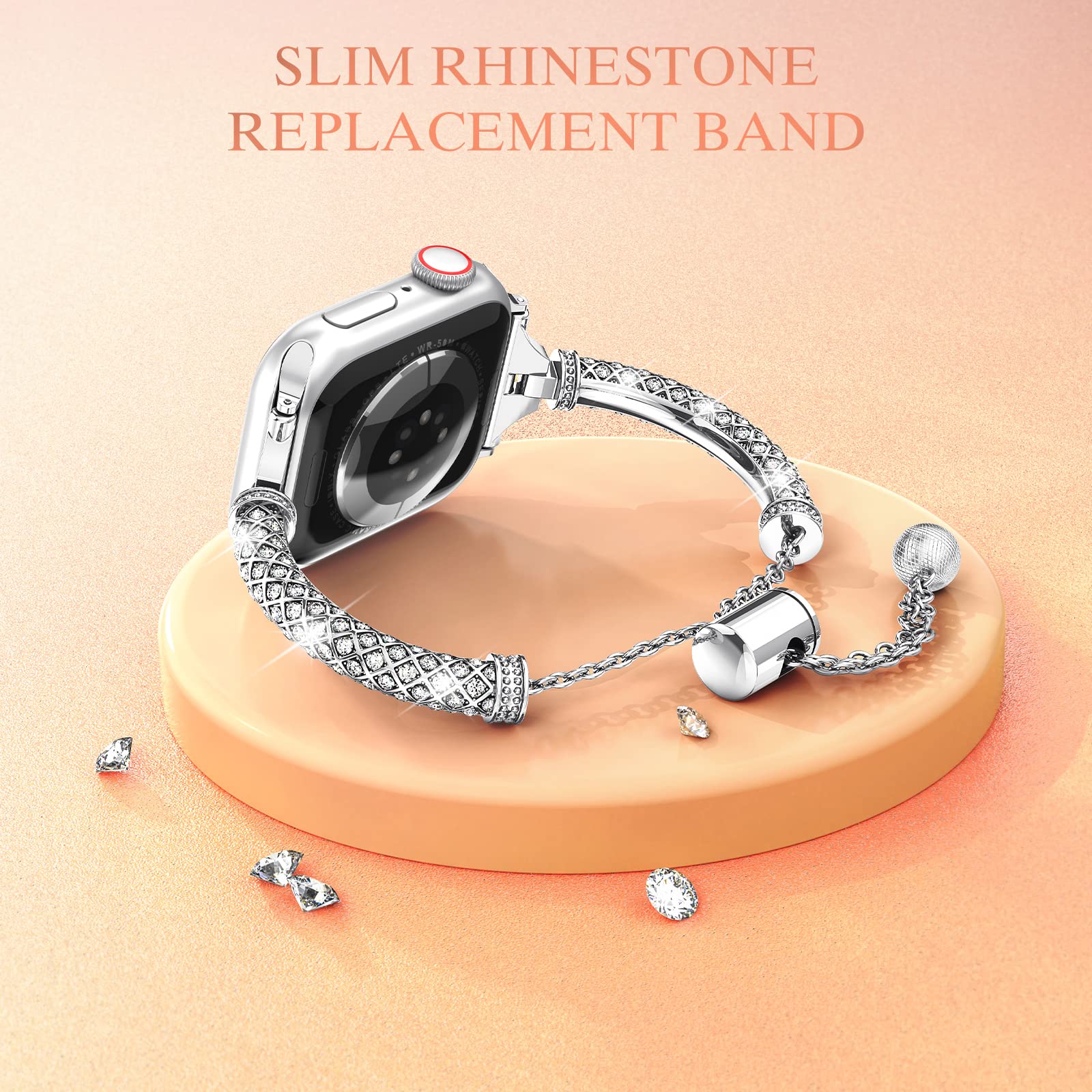 For Apple Watch Ultra 49mm / SE / SE (2022) 44mm / Series 7 / 8 45mm / 4 / 5 / 6 44mm / 1 / 2 / 3 42mm Metal Watch Strap for Women Girls Rhinestone Decorated Stretch Jewelry Wrist Band - Silver - UNIQBUY