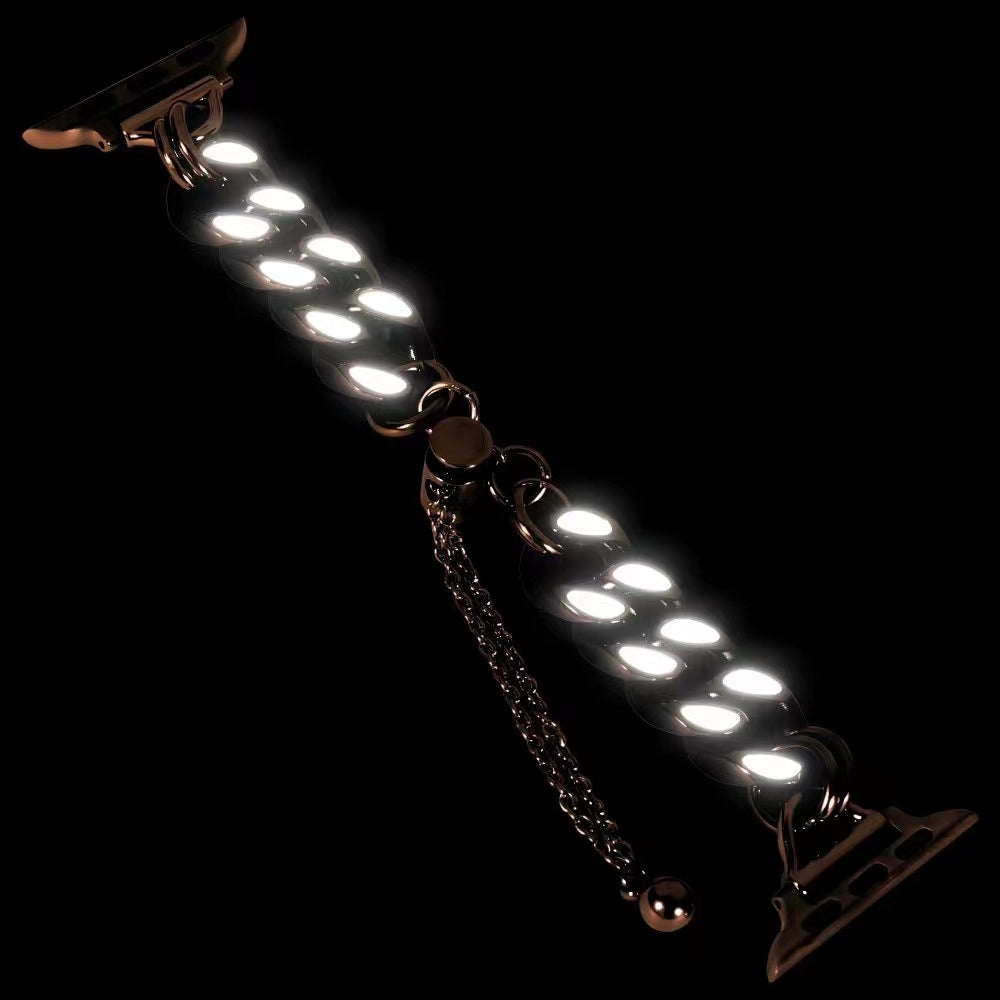 For Apple Watch Series 1 / 2 / 3 38mm / Series 4 / 5 / 6 / SE / SE (2022) 40mm / Series 7 / 8 41mm Cool Chain Metal Link Bands Night Luminous Strap Bracelet - Rose Gold - UNIQBUY