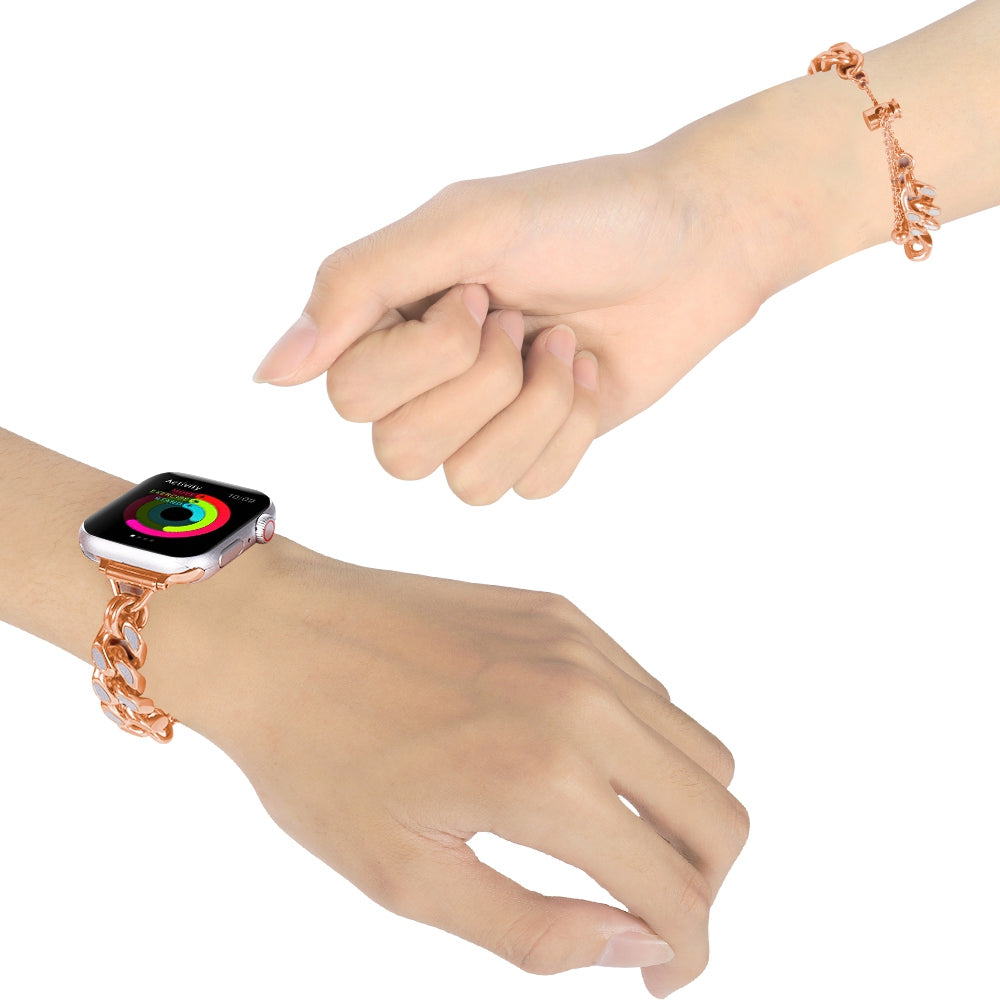 For Apple Watch Ultra 49mm / Series 8 / 7 45mm / Series 6 / 5 / 4 / SE / SE (2022) 44mm / Series 3 / 2 / 1 42mm Chain Style Metal Watch Band Luminous Strap Replacement - Rose Gold - UNIQBUY