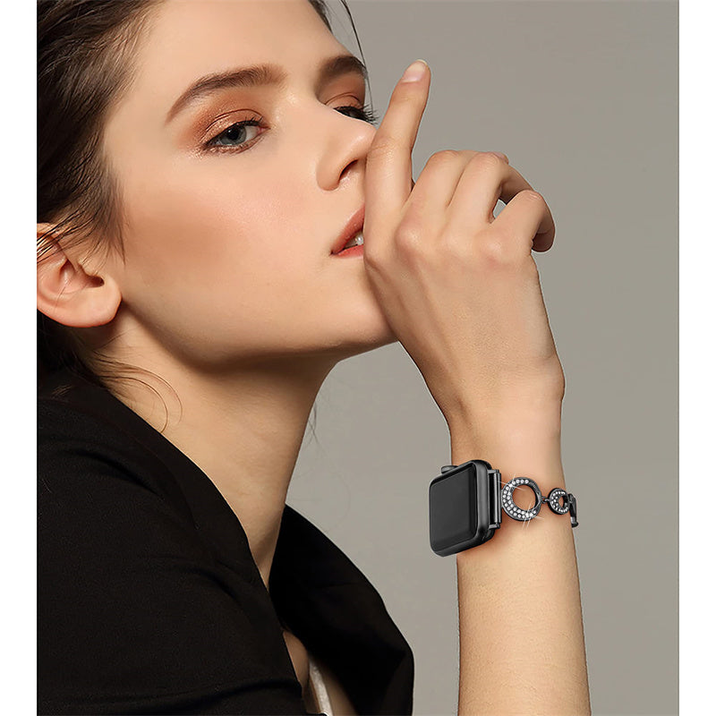 For Apple Watch Series 8 / 7 41mm / Series 6 / 5 / 4 / SE / SE(2022) 40mm / Series 3 / 2 / 1 38mm Rhinestone Decor Bling Bracelet Stainless Steel Wristband Strap - Black - UNIQBUY