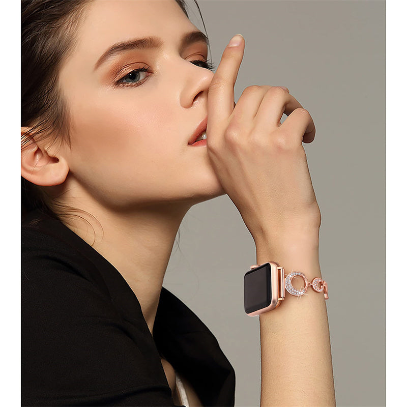 For Apple Watch Series 8 / 7 41mm / Series 6 / 5 / 4 / SE / SE(2022) 40mm / Series 3 / 2 / 1 38mm Rhinestone Decor Bling Bracelet Stainless Steel Wristband Strap - Rose Gold - UNIQBUY
