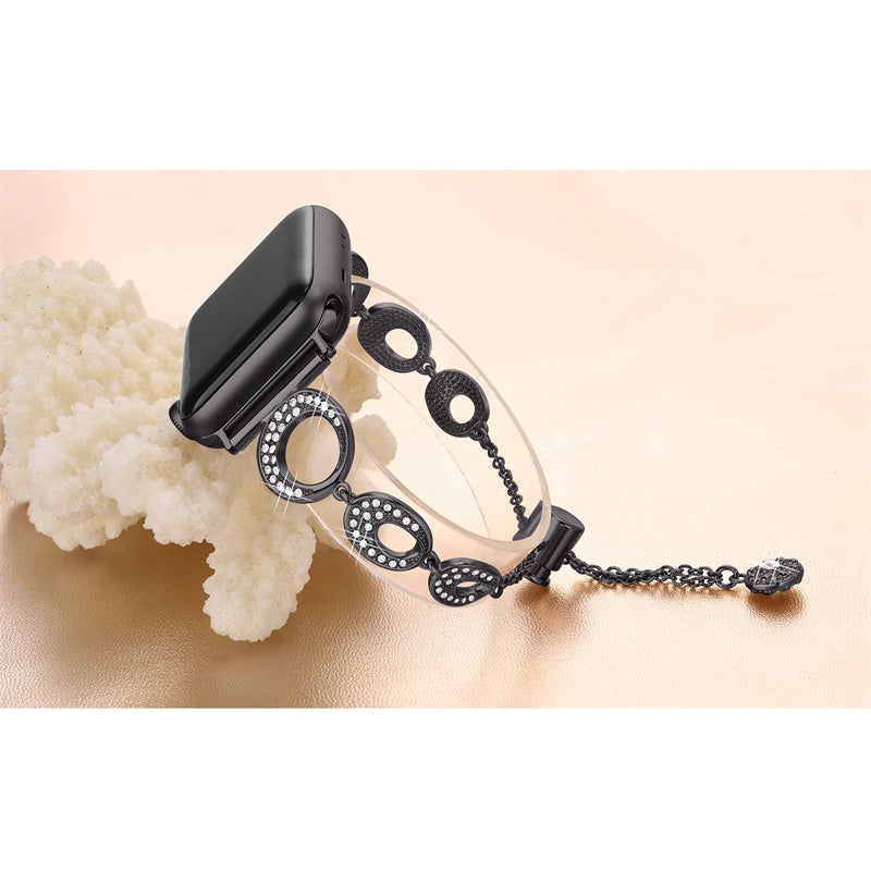 For Apple Watch Ultra 49mm / Series 8 / 7 45mm / Series 6 / 5 / 4 / SE / SE(2022) 44mm / Series 3 / 2 / 1 42mm Metal Bracelet Watch Band Rhinestone Decor Replacement Strap - Black - UNIQBUY