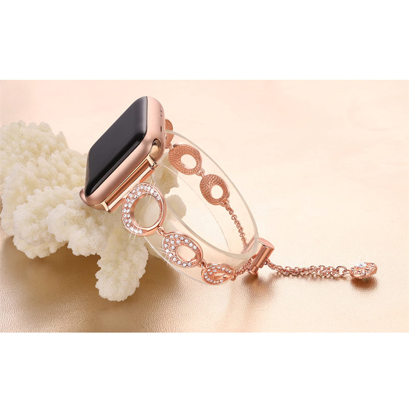 For Apple Watch Ultra 49mm / Series 8 / 7 45mm / Series 6 / 5 / 4 / SE / SE(2022) 44mm / Series 3 / 2 / 1 42mm Metal Bracelet Watch Band Rhinestone Decor Replacement Strap - Rose Gold - UNIQBUY