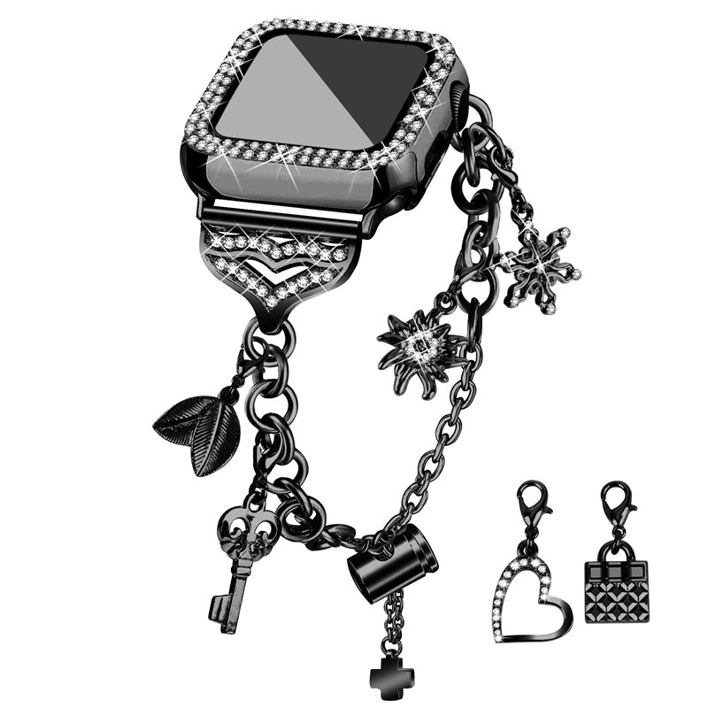 For Apple Watch Series 8 / 7 45mm Pendant Bracelet Watch Band Rhinestone Decor Strap Replacement with Hard PC Hollow-out Watch Case - Black - UNIQBUY