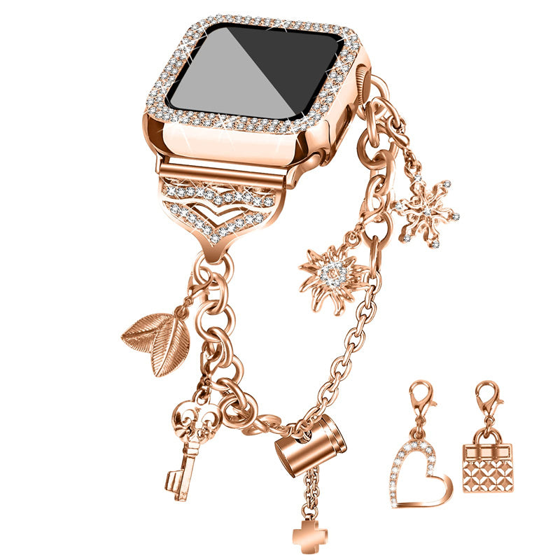 For Apple Watch Series 6 / 5 / 4 / SE (2022) / SE 40mm Bracelet Watch Band Rhinestone Decor Pendant Metal Strap with PC Half Protective Frame Cover - Rose Gold - UNIQBUY