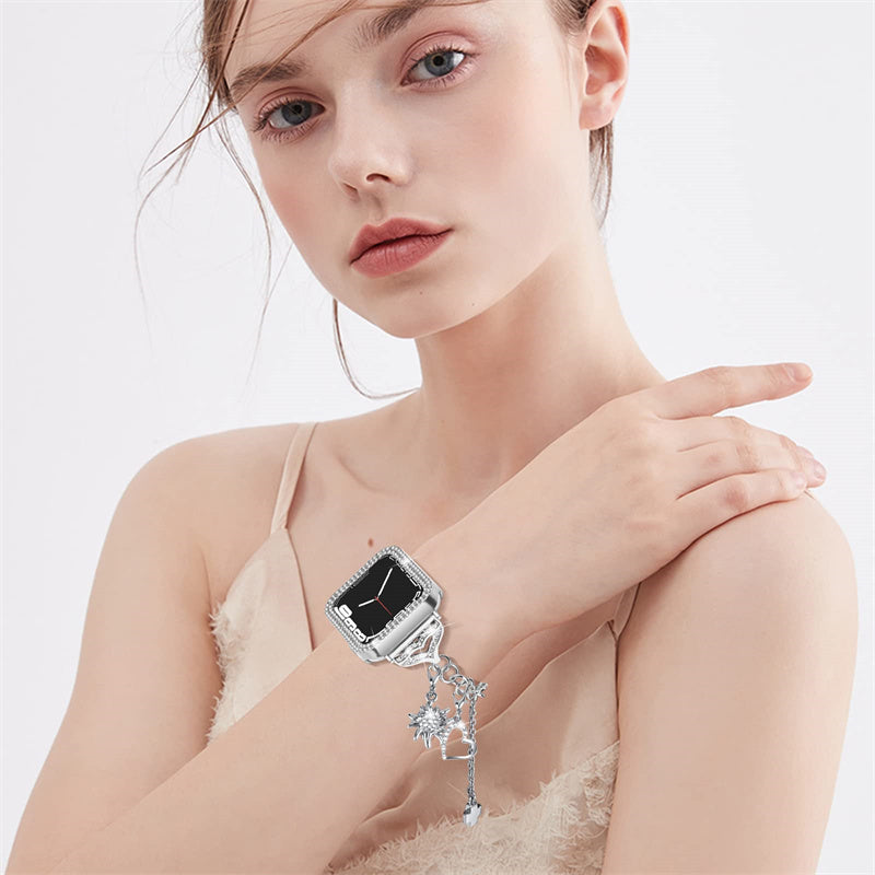 For Apple Watch Series 6 / 5 / 4 / SE (2022) / SE 44mm Bracelet Watch Band with Hollow PC Watch Frame Rhinestone Decor Pendant Bracelet Wrist Strap - Silver - UNIQBUY