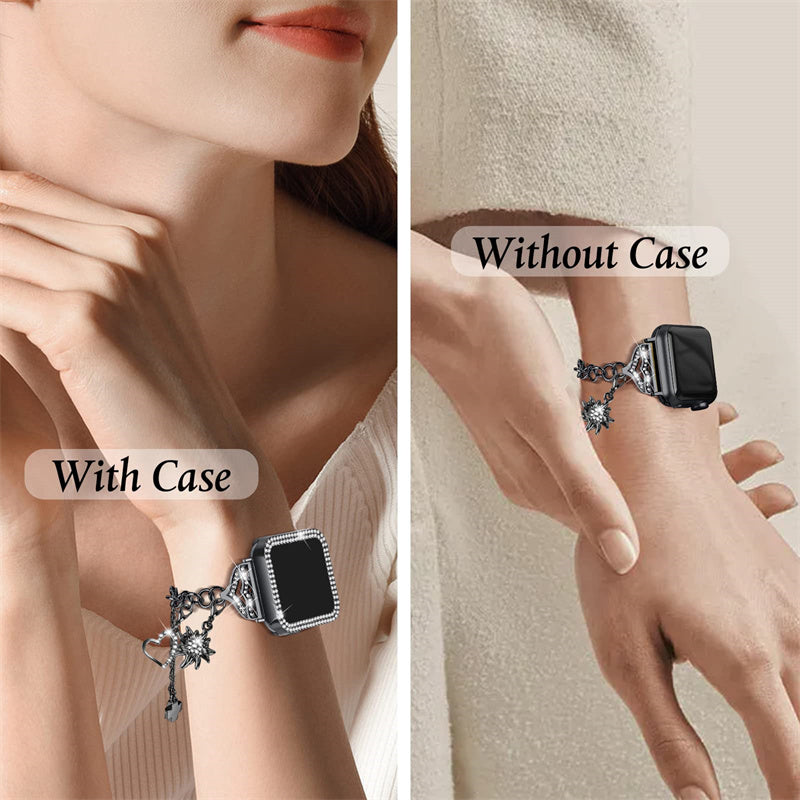 For Apple Watch Series 8 / 7 41mm Rhinestone Decor Watch Band Pendant Bracelet Replacement Metal Strap with Hollow-out PC Watch Case - Black - UNIQBUY