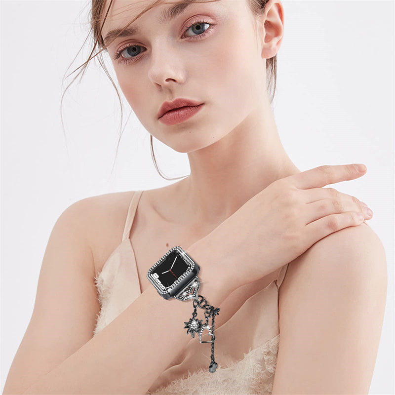 For Apple Watch Series 3 / 2 / 1 38mm Metal Watch Band with Hollow Rhinestone Decor PC Protective Frame Cover Adjustable Pendant Bracelet - Black - UNIQBUY