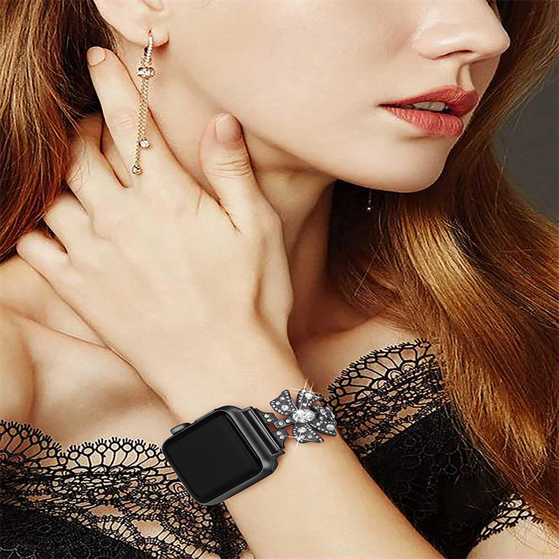 For Apple Watch Ultra 49mm / Series 8 45mm / 7 45mm / 6 / 5 / 4 / SE 44mm / SE (2022) 44mm / 3 / 2 / 1 42mm Bowknot Bracelet Metal Watch Strap Replacement Wrist Band - Black - UNIQBUY