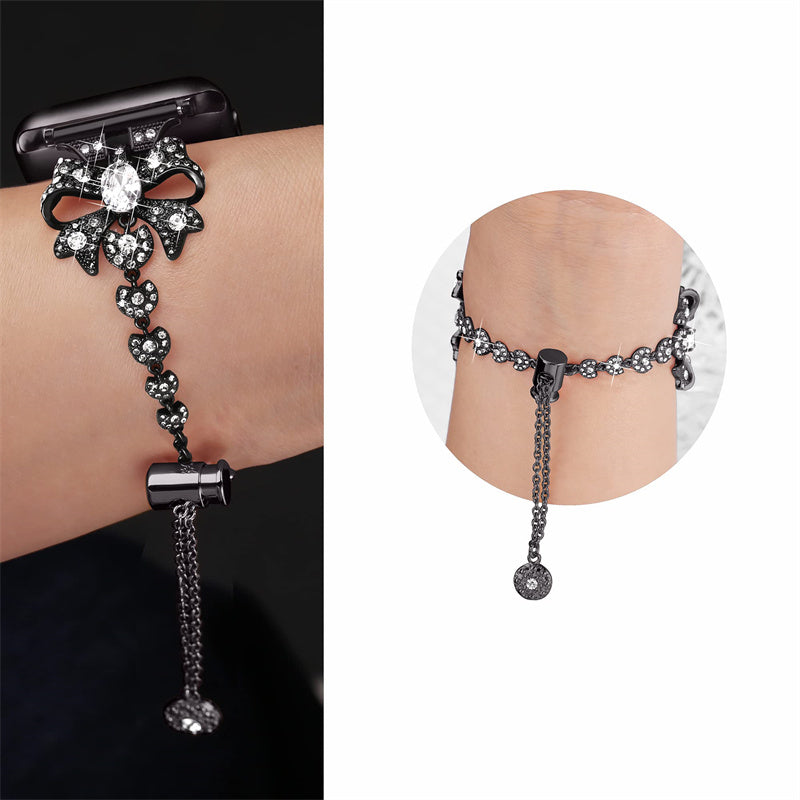 For Apple Watch Series 8 / 7 41mm / 6 / 5 / 4 / SE / SE (2022) 40mm / 3 / 2 / 1 38mm Rhinestones Decor Bowknot Bracelet Metal Watch Strap Adjustable Wrist Band - Black - UNIQBUY