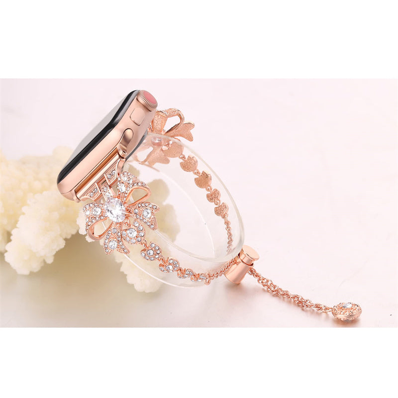 For Apple Watch Series 8 / 7 41mm / 6 / 5 / 4 / SE / SE (2022) 40mm / 3 / 2 / 1 38mm Rhinestones Decor Bowknot Bracelet Metal Watch Strap Adjustable Wrist Band - Rose Gold - UNIQBUY