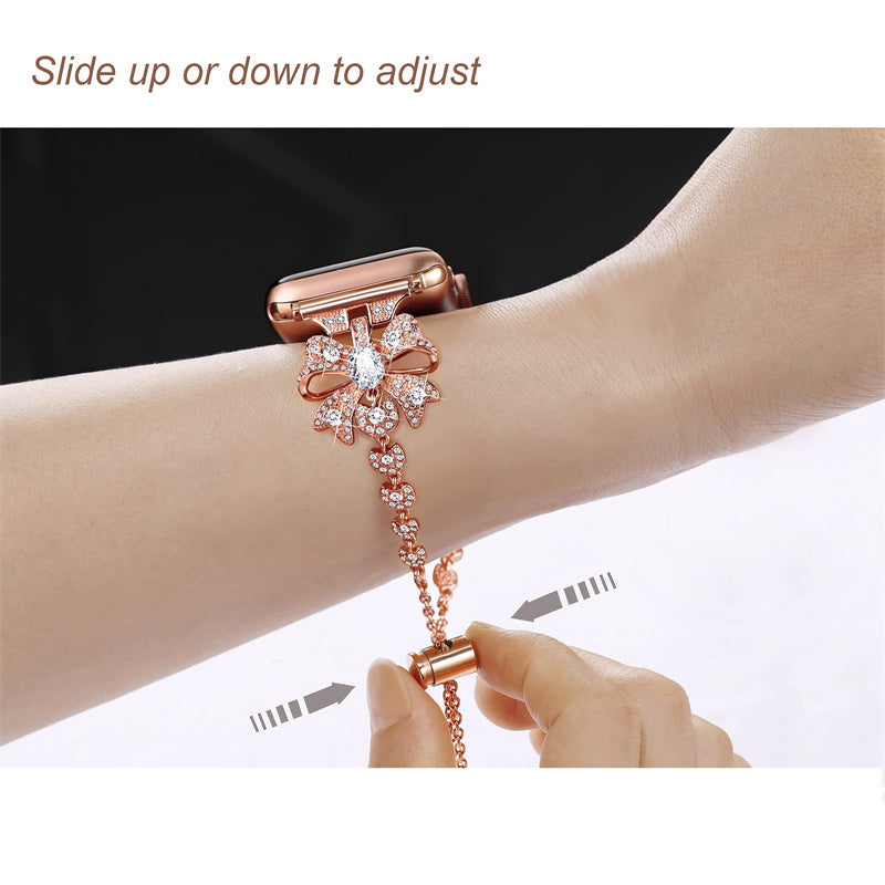 For Apple Watch Series 8 / 7 41mm / 6 / 5 / 4 / SE / SE (2022) 40mm / 3 / 2 / 1 38mm Rhinestones Decor Bowknot Bracelet Metal Watch Strap Adjustable Wrist Band - Rose Gold - UNIQBUY