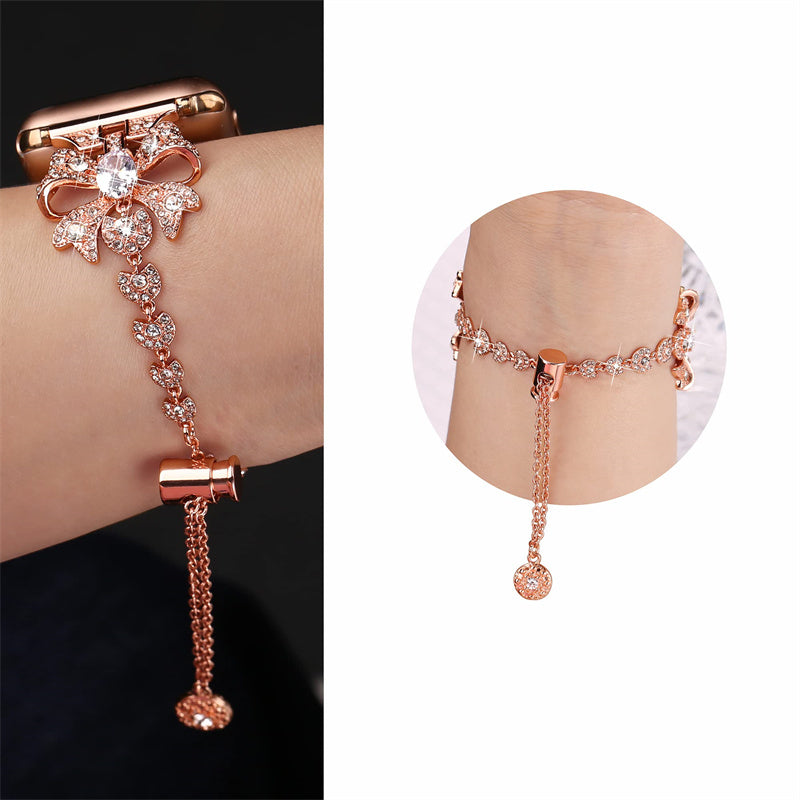 For Apple Watch Series 8 / 7 41mm / 6 / 5 / 4 / SE / SE (2022) 40mm / 3 / 2 / 1 38mm Rhinestones Decor Bowknot Bracelet Metal Watch Strap Adjustable Wrist Band - Rose Gold - UNIQBUY