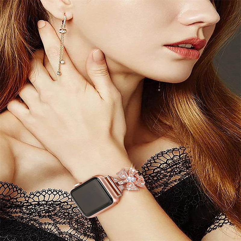 For Apple Watch Series 8 / 7 41mm / 6 / 5 / 4 / SE / SE (2022) 40mm / 3 / 2 / 1 38mm Rhinestones Decor Bowknot Bracelet Metal Watch Strap Adjustable Wrist Band - Rose Gold - UNIQBUY
