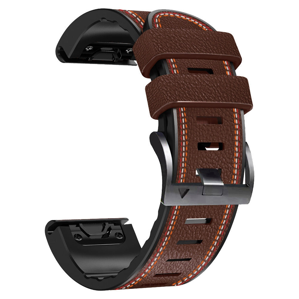 For Garmin Enduro / Tactix Delta / Tactix 7 Pro PU Leather Coated Silicone Watch Band 26mm Three-color Stitching Line Quick Release Sweatproof Strap - Coffee - UNIQBUY