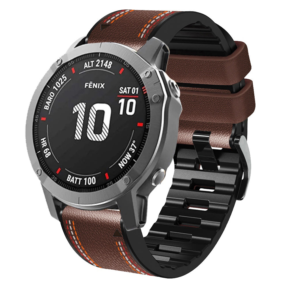 For Garmin Enduro / Tactix Delta / Tactix 7 Pro PU Leather Coated Silicone Watch Band 26mm Three-color Stitching Line Quick Release Sweatproof Strap - Coffee - UNIQBUY