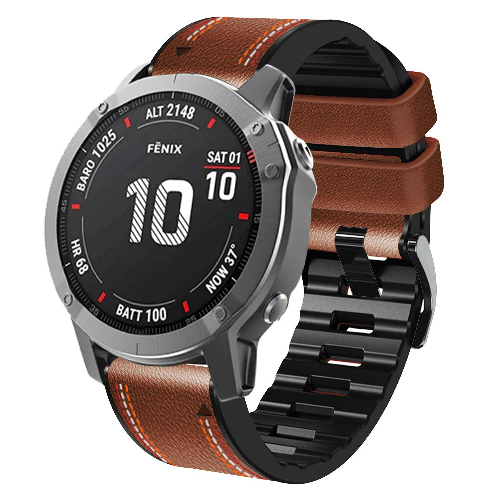 For Garmin Enduro / Tactix Delta / Tactix 7 Pro PU Leather Coated Silicone Watch Band 26mm Three-color Stitching Line Quick Release Sweatproof Strap - Brown - UNIQBUY