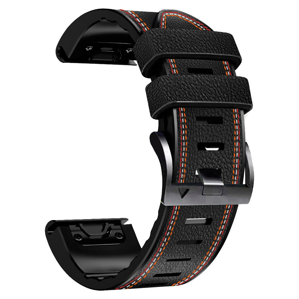 For Garmin Descent G1 / Instinct 2 / Epix Gen2 Quick Release Watch Band PU Leather Coated Silicone Three-color Stitching Line Wristband Strap - Black - UNIQBUY