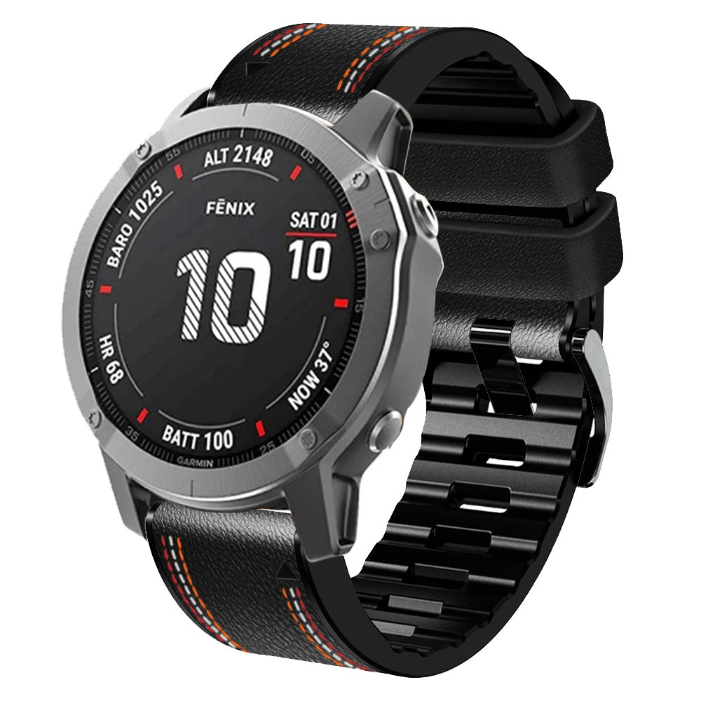 For Garmin Descent G1 / Instinct 2 / Epix Gen2 Quick Release Watch Band PU Leather Coated Silicone Three-color Stitching Line Wristband Strap - Black - UNIQBUY