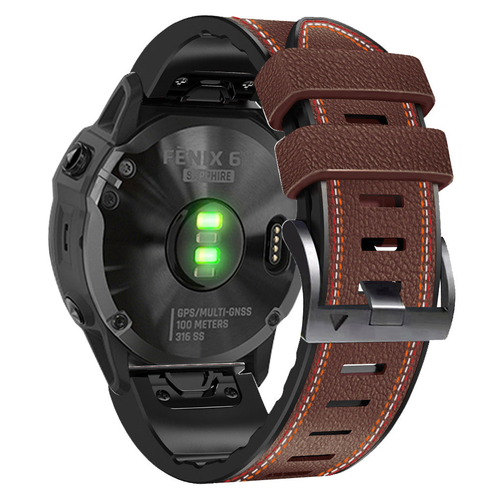 For Garmin Descent G1 / Instinct 2 / Epix Gen2 Quick Release Watch Band PU Leather Coated Silicone Three-color Stitching Line Wristband Strap - Coffee - UNIQBUY