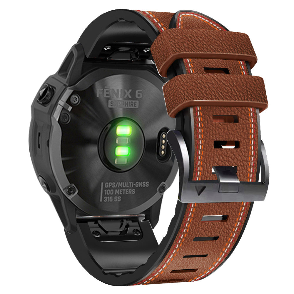 For Garmin Descent G1 / Instinct 2 / Epix Gen2 Quick Release Watch Band PU Leather Coated Silicone Three-color Stitching Line Wristband Strap - Brown - UNIQBUY