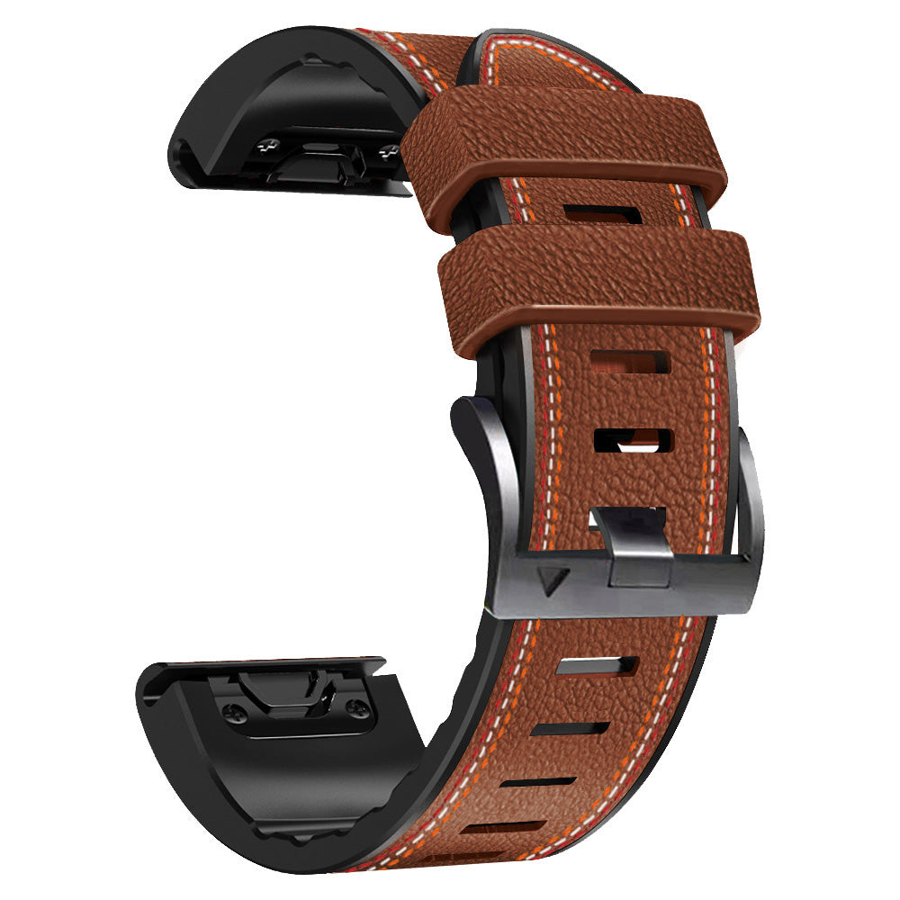 For Garmin Descent G1 / Instinct 2 / Epix Gen2 Quick Release Watch Band PU Leather Coated Silicone Three-color Stitching Line Wristband Strap - Brown - UNIQBUY