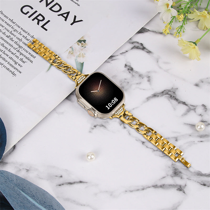 For Apple Watch Series 8 / 7 41mm / 6 / 5 / 4 / SE / SE (2022) 40mm / 3 / 2 / 1 38mm Rhinestones Decor Metal Smartwatch Strap Replacement Watch Band - Gold - UNIQBUY