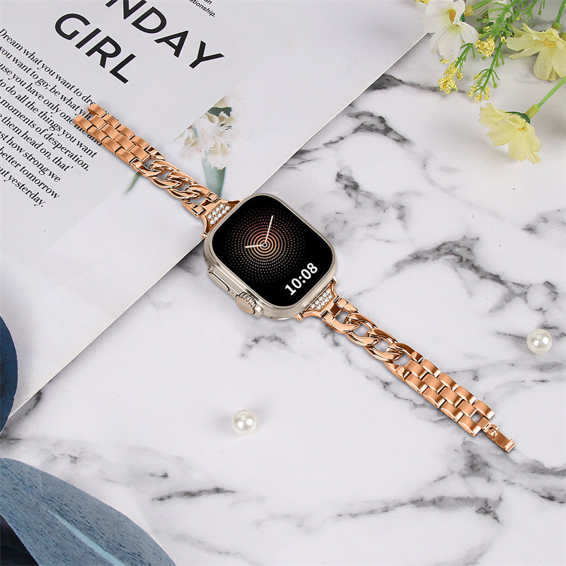 For Apple Watch Series 8 / 7 41mm / 6 / 5 / 4 / SE / SE (2022) 40mm / 3 / 2 / 1 38mm Rhinestones Decor Metal Smartwatch Strap Replacement Watch Band - Rose Gold - UNIQBUY