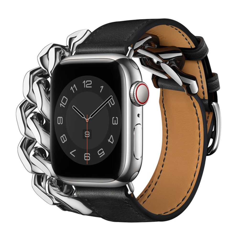 For Apple Watch Ultra 49mm / Series 7 / 8 45mm / SE / SE (2022) / 6 / 5 / 4 44mm 3 / 2 / 1 42mm Genuine Leather + Stainless Steel Watch Band Smart Watch Strap Replacement Part - UNIQBUY