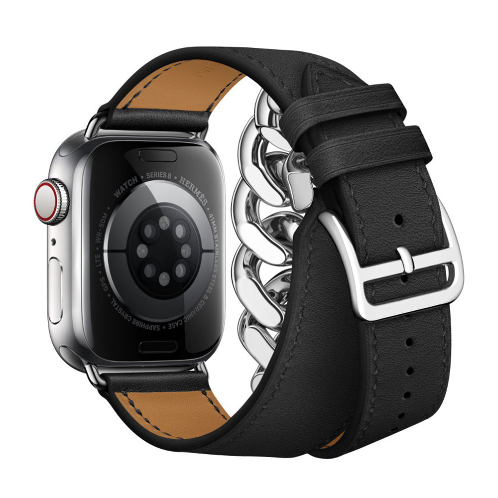 For Apple Watch Series 7 / 8 41mm / SE / SE (2022) / 6 / 5 / 4 40mm 3 / 2 / 1 38mm Genuine Leather + Stainless Steel Watch Strap Smart Watch Band Replacement Part - UNIQBUY