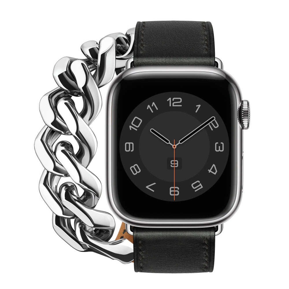 For Apple Watch Series 7 / 8 41mm / SE / SE (2022) / 6 / 5 / 4 40mm 3 / 2 / 1 38mm Genuine Leather + Stainless Steel Watch Strap Smart Watch Band Replacement Part - UNIQBUY
