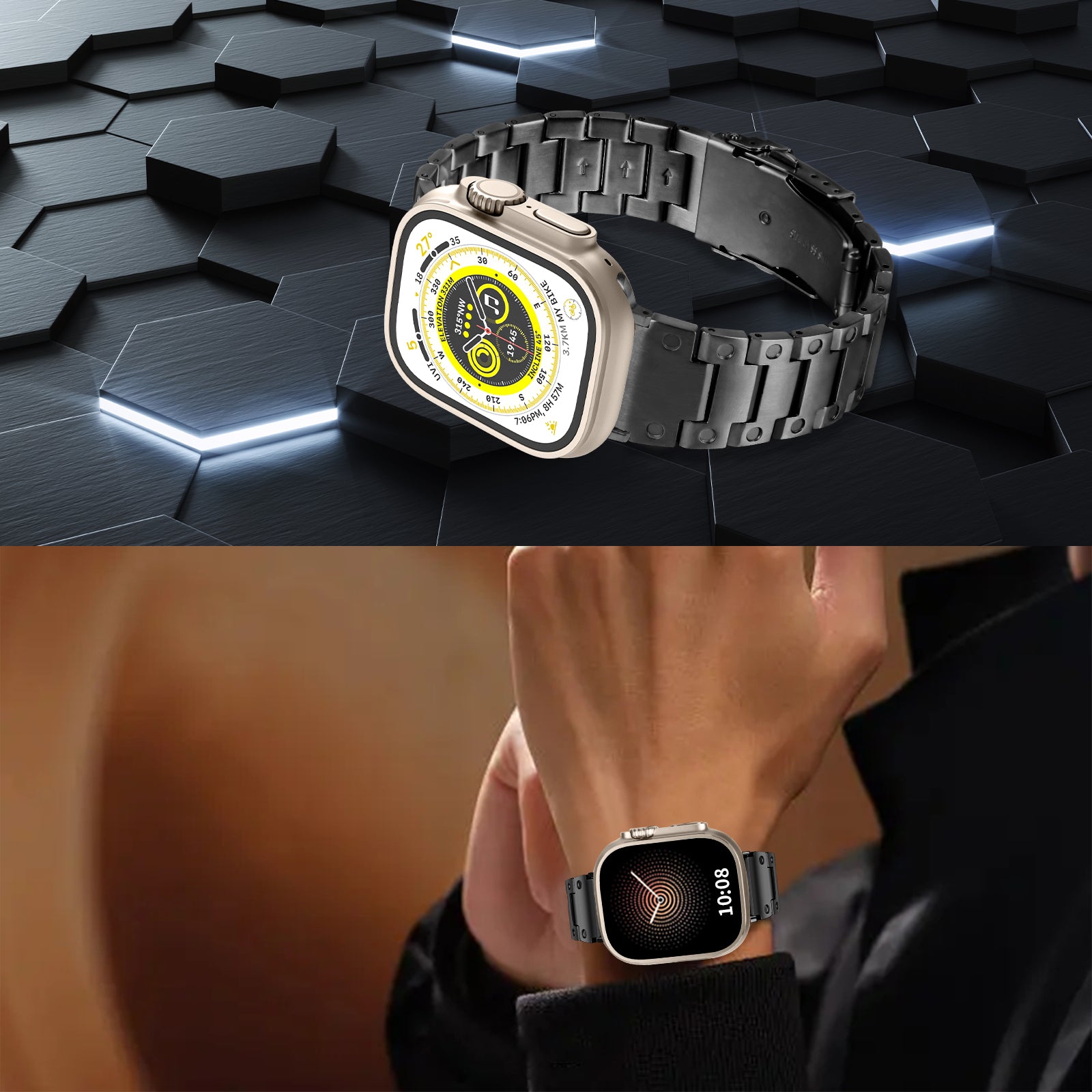 For Apple Watch Ultra 49mm / Series 8 / 7 45mm / 6 / 5 / 4 / SE / SE (2022) 44mm / 3 / 2 / 1 42mm Smart Watch Band Stainless Steel Strap - Black - UNIQBUY
