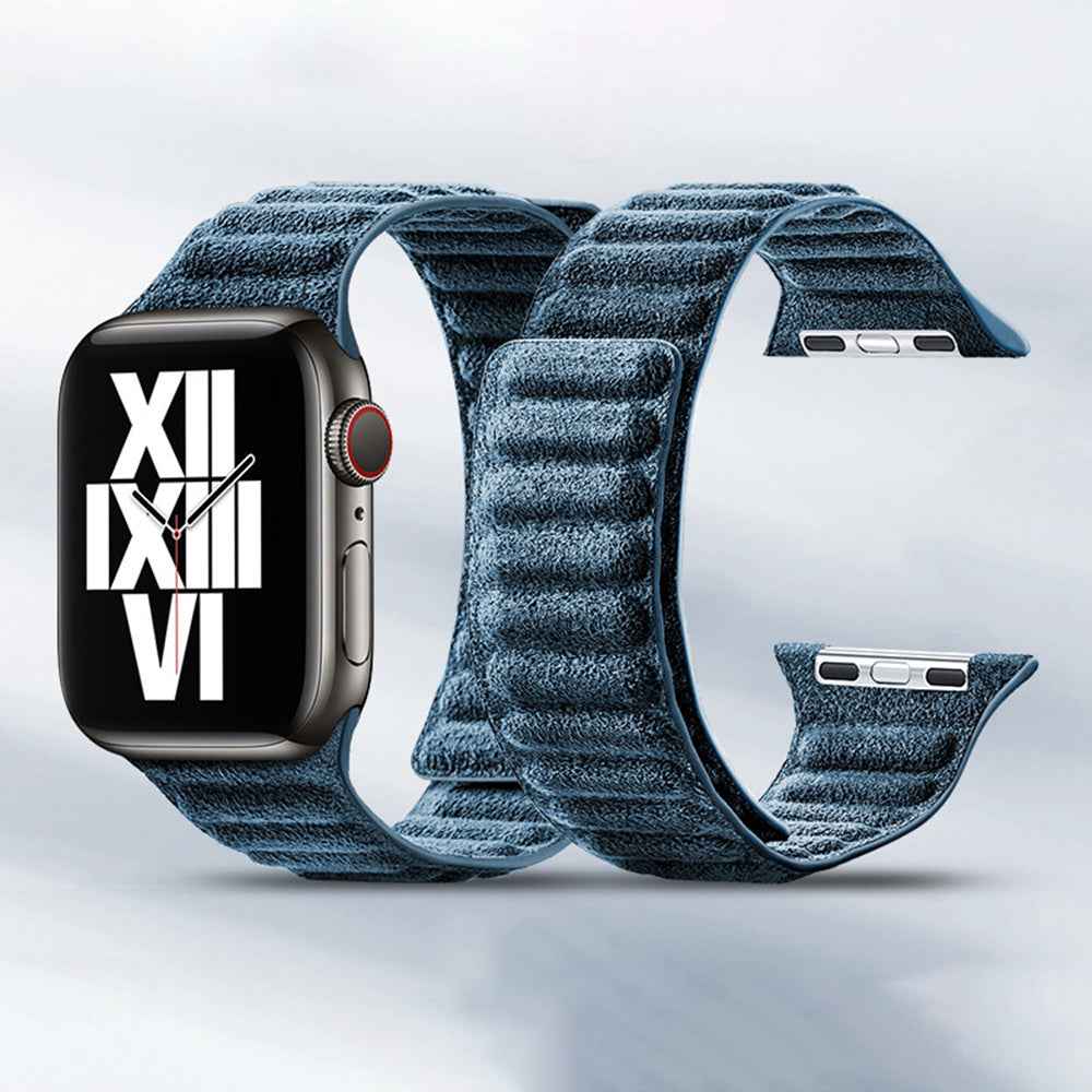 For Apple Watch Ultra 49mm / Series 8 7 45mm / Series 6 5 4 SE SE (2022) 44mm / Series 3 2 1 42mm Magnetic Watch Strap Suede Leather Watchband - Navy Blue