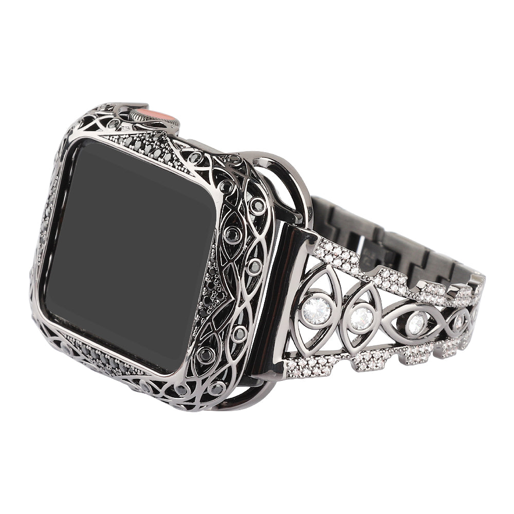 Rhinestone Decor Metal Watch Band for Apple Watch Ultra 49mm / Series 8 / 7 45mm / Series 6 / 5 / 4 / SE (2022) / SE 44mm / Series 3 / 2 / 1 42mm Eye Design Bracelet Strap - Black - UNIQBUY