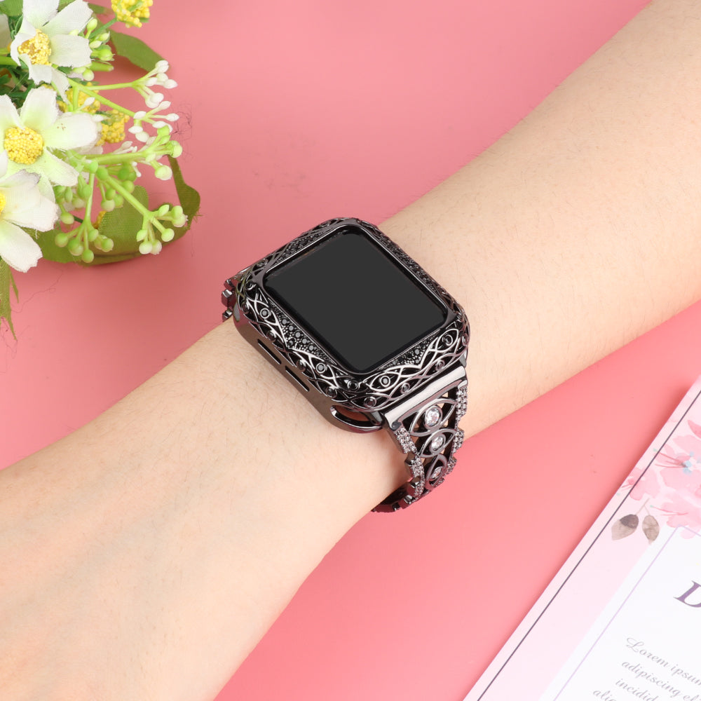 Rhinestone Decor Metal Watch Band for Apple Watch Ultra 49mm / Series 8 / 7 45mm / Series 6 / 5 / 4 / SE (2022) / SE 44mm / Series 3 / 2 / 1 42mm Eye Design Bracelet Strap - Black - UNIQBUY