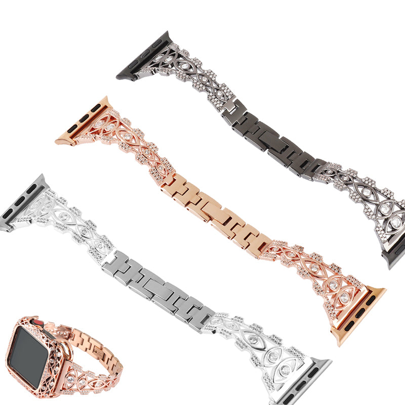 Rhinestone Decor Metal Watch Band for Apple Watch Ultra 49mm / Series 8 / 7 45mm / Series 6 / 5 / 4 / SE (2022) / SE 44mm / Series 3 / 2 / 1 42mm Eye Design Bracelet Strap - Gold - UNIQBUY
